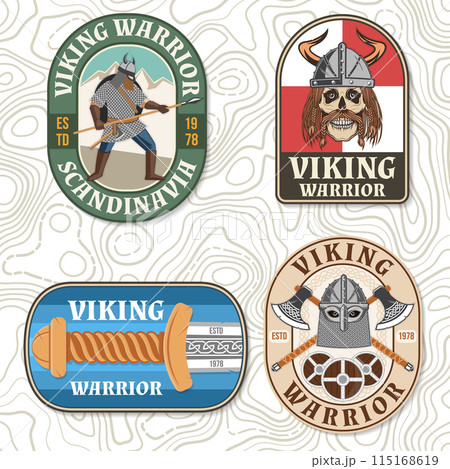 Set of viking warrior logos, badges, stickers. Vector illustration. For emblems, labels and patch. Patch design heraldic shield with a crossed battle axe, sword and skull viking warrior 115168619