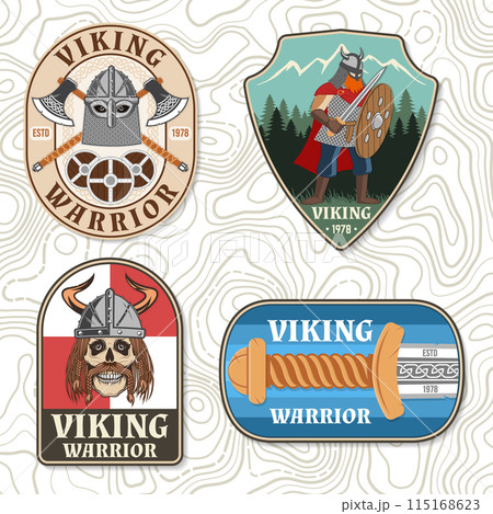 Set of viking warrior logos, badges, stickers. Vector illustration. For emblems, labels and patch. Patch design heraldic shield with a viking in helmet with crossed battle sword and axe Set of viking warrior logos, badges, stickers. Vector illustration. For emblems, labels and patch. Patch design heraldic shield with a viking in helmet with crossed battle sword and axe 115168623