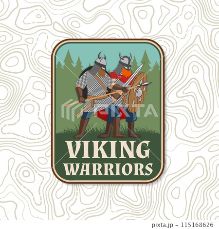 Vikings warrior logo, badge, sticker. Vector illustration. For emblems, labels and patch. Patch design heraldic shield with a vikings in helmet with battle sword, spear and round shield Vikings warrior logo, badge, sticker. Vector illustration. For emblems, labels and patch. Patch design heraldic shield with a vikings in helmet with battle sword, spear and round shield 115168626