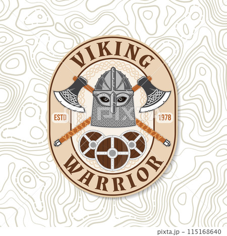 Viking warrior logo, badge, sticker. Vector illustration. For emblems, labels and patch. Patch design heraldic shield with a viking in helmet with crossed axe 115168640