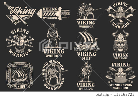 Vikings warrior logo, badge, sticker. Vector illustration. For emblems, labels and patch. Monochrome style vikings in helmet with battle sword, spear and round shield 115168723