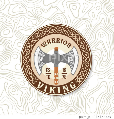 Viking warrior logo, badge, sticker. Vector illustration. For emblems, labels and patch. Double Axe Medieval Weapon, vintage monochrome style 115168725