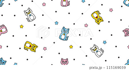 cat seamless pattern kitten smile face star dot calico neko vector pet cartoon doodle gift wrapping paper tile background repeat wallpaper scarf isolated illustration black 115169039