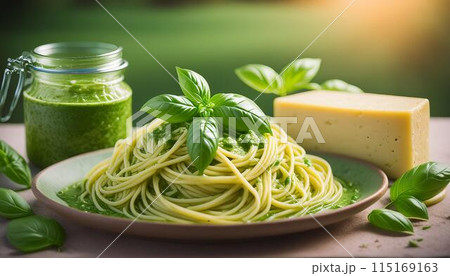 Plate with spaghetti with pesto and fresh basil leaves 115169163