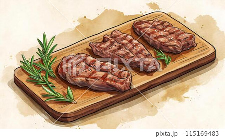 Fresh steak on a wooden board. Illustration in hand drawn style Fresh steak on a wooden board. Illustration in hand drawn style 115169483