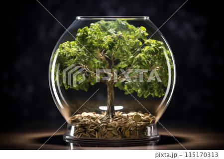 Tree Growing in Glass Bowl with Coins 115170313