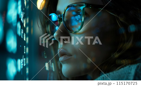 A girl in glasses immerses herself in the world of information 115170725