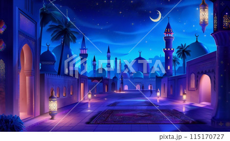 Night City shines with faith and hope in a Muslim city in an animated style 115170727