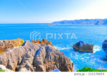 唐桑半島半造岩場から眺望する大空と太平洋 115170954