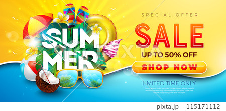 Summer Sale Design with Beach Ball, Sunglasses and Text Label on Yellow Background. Tropical Floral Vector Holiday Illustration with Special Offer Typography for Coupon, Voucher, Banner, Flyer Summer Sale Design with Beach Ball, Sunglasses and Text Label on Yellow Background. Tropical Floral Vector Holiday Illustration with Special Offer Typography for Coupon, Voucher, Banner, Flyer 115171112