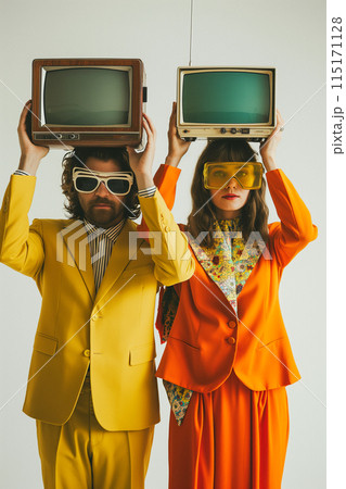 Two people wearing yellow and orange clothes holding up a television 115171128