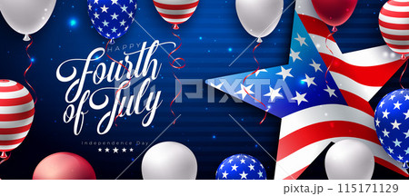 4th of July Independence Day of the USA Vector Illustration with American Flag Pattern Star and Party Balloon on Blue Background. Fourth of July National Celebration Design with Typography Letter for 115171129