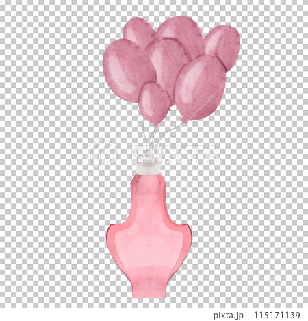 Pink vintage-looking perfume bottle with balloons hand painted in watercolor. Fashion illustration on white background. Used for postering, postcards and design Pink vintage-looking perfume bottle with balloons hand painted in watercolor. Fashion illustration on white background. Used for postering, postcards and design 115171139