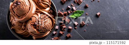 ice cream. two servings of vanilla chocolate ice cream, rich chocolate syrup drizzled, chocolate chips added for texture flavor, broken chocolate bar pieces on dark backdrop 115171592