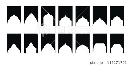 Arabic shapes windows and arches traditional ornament. Set of Islamic shape window frame in retro boho color. Vector 115171791