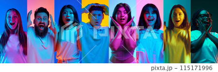 Photo collage of group of emotional young people of different races having bright surprised expressions in neon light against multicolored background Photo collage of group of emotional young people of different races having bright surprised expressions in neon light against multicolored background 115171996