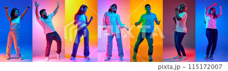 Collage. Overjoyed young people, men and woman different races dancing in neon light against multicolored vibrant background. Collage. Overjoyed young people, men and woman different races dancing in neon light against multicolored vibrant background. 115172007