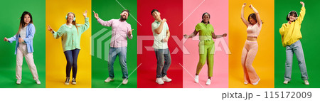 Collage. Overjoyed young people, men and woman different races dancing against multicolored vibrant background. 115172009