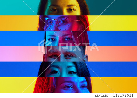 Striped collage. Close-up male and female eyes in neon light against multicolored background. 115172011