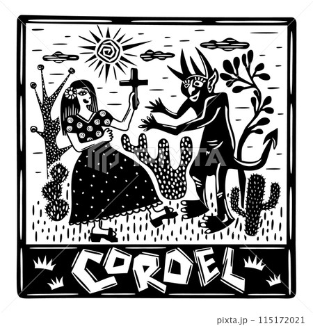 Woman and Devil. Brazilian cordel illustration. Northeast. Woodcut Woman and Devil. Brazilian cordel illustration. Northeast. Woodcut 115172021