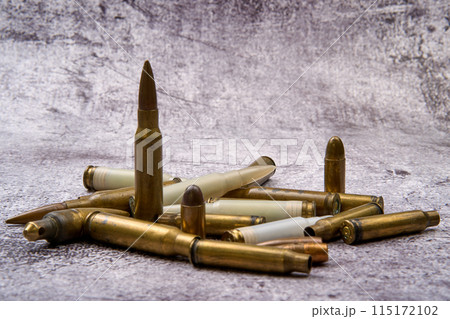 Different types of ammunition scattered on the ground. 115172102