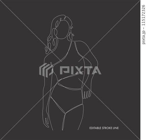 Woman body one single continuous line silhouette. Vector stock illustration isolated on black background for design template beauty and spa calendar, price list, social media. Editable stroke. EPS10 115172326