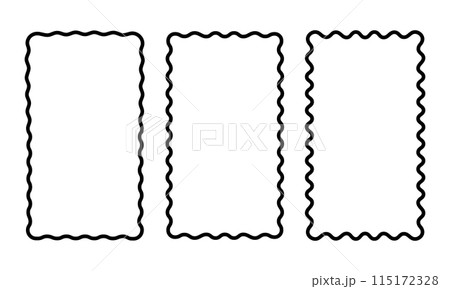 Set of vertical rectangle frames with wiggly edges. Rectangular shapes with scalloped borders. Mirror, picture or photo frameworks or boxes isolated on white background. Vector graphic illustration 115172328