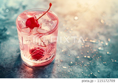 Cherry-flavored beverage in a glass with ice and cherries. Fresh drinks 115172709