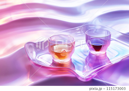 Two elegantly textured glasses with golden and dark red liquids on a reflective tray, set against a serenely undulating pink and purple background. 115173003