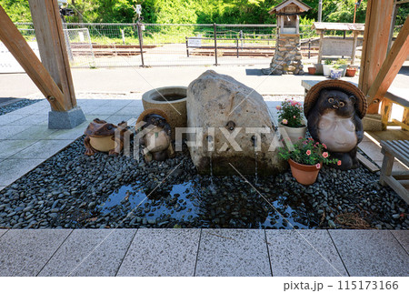 〈島根県〉出雲坂根駅　延命の水と狸の置物 115173166