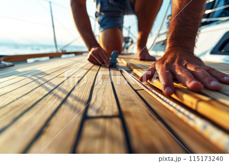 Close-up of skilled hands installing a new teak deck on a sailboat, showcasing precision, expertise in nautical carpentry against a serene backdrop of clear sky and calm sea 115173240