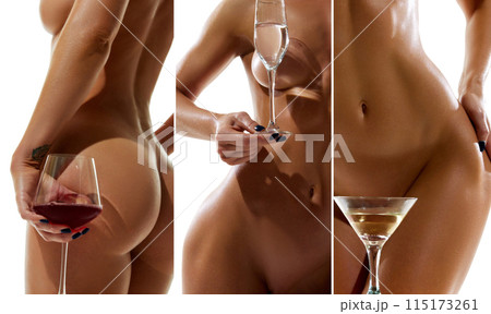 Evocative collage. Close up photos of young woman with perfect, sensual, toned body holding glasses of alcohol drinks. 115173261