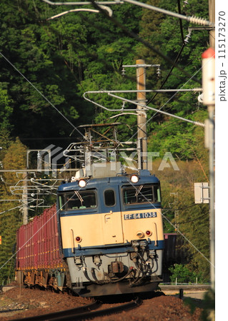 夕陽を浴びて伯備線を力強く走るEF64-1038号機牽引の貨物列車_2024/5/17撮影 115173270