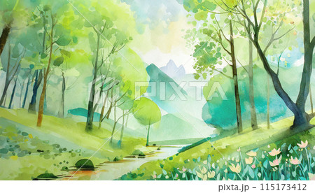 新緑の森の水彩画テイストのイラスト素材 [115173412] - PIXTA