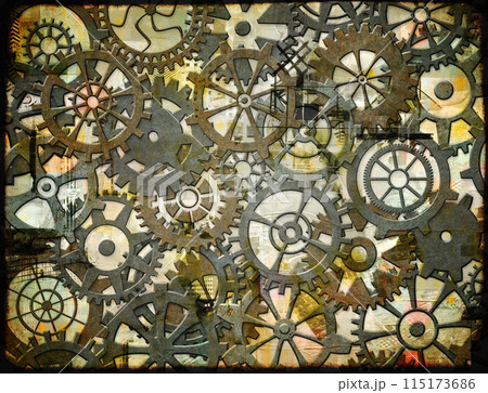 Horizontal or vertical grunge background with retro gears. Vintage transmission cogwheels and gears. Can be used for industrial, technical, mechanical and steampunk design Horizontal or vertical grunge background with retro gears. Vintage transmission cogwheels and gears. Can be used for industrial, technical, mechanical and steampunk design 115173686