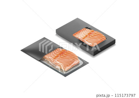 Blank black box and transparent label pack with salmon mockup Blank black box and transparent label pack with salmon mockup 115173797