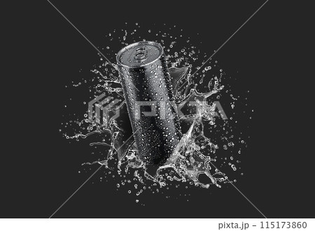 Blank black aluminum 450 ml soda can with drops splash mockup Blank black aluminum 450 ml soda can with drops splash mockup 115173860