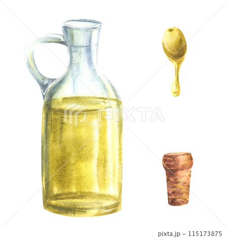 Olive oil in glass bottle with cork and Olive berry fruit with a drop of oil. Watercolor hand drawn food illustration. For cooking fat vegetable sauce labels, menu. Isolated clipart white background. 115173875