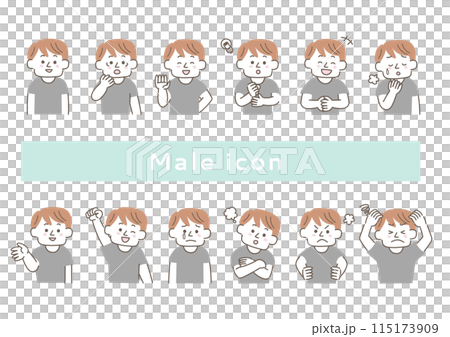 Facial expression illustration set of a man in a black T-shirt 115173909