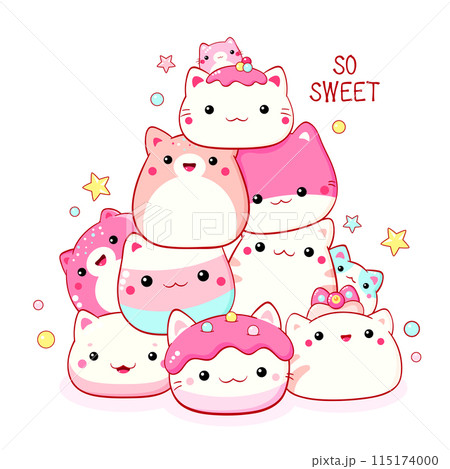 Stack of traditional Chinese animal-shaped mantou buns. Cute cat-shaped dessert in kawaii style. Inscription So sweet. Can be used for t-shirt print, sticker, greeting card. Vector illustration EPS8 115174000