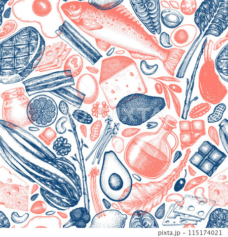 Keto Diet Seamless Pattern. Vector Hand Drawn Healthy Food Background. Vintage Style Ketogenic Menu Illustration. 115174021