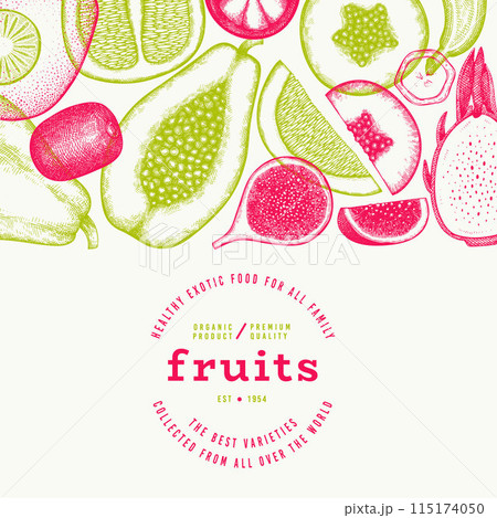 Tropical Fruit Design Template. Vector Hand Drawn Exotic Fruit Banner. Vintage Style Menu Illustration. Tropical Fruit Design Template. Vector Hand Drawn Exotic Fruit Banner. Vintage Style Menu Illustration. 115174050
