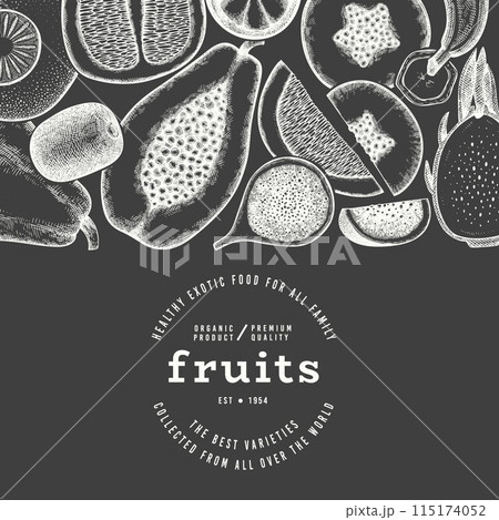 Tropical Fruit Design Template. Vector Hand Drawn Exotic Fruit Chalk Board llustration. Vintage Style Menu Illustration. Tropical Fruit Design Template. Vector Hand Drawn Exotic Fruit Chalk Board llustration. Vintage Style Menu Illustration. 115174052