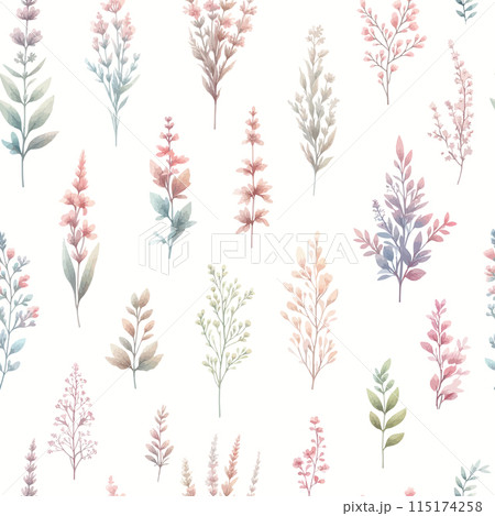 Vector floral seamless pattern with wild flowers, herbs and grasses. Pastel colors on white background. Delicate field flower and herb illustration. 115174258