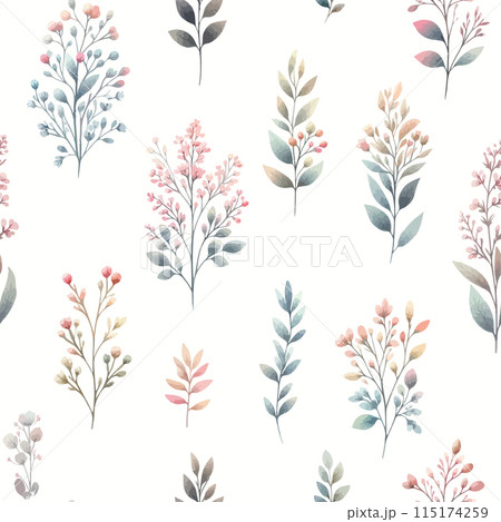 Vector floral seamless pattern with wild flowers, herbs and grasses. Pastel colors on white background. Delicate field flower and herb illustration. 115174259
