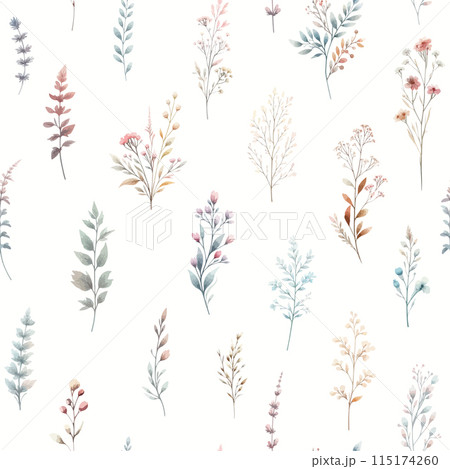 Vector floral seamless pattern with wild flowers, herbs and grasses. Pastel colors on white background. Delicate field flower and herb illustration. Vector floral seamless pattern with wild flowers, herbs and grasses. Pastel colors on white background. Delicate field flower and herb illustration. 115174260