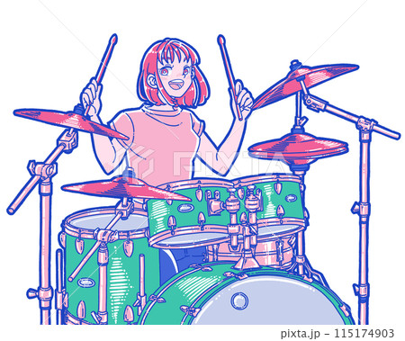 ドラムを叩く女性のイラスト 115174903