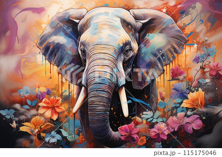 A painting depicting an elephant standing amidst a variety of colorful flowers in a lush and vibrant setting.	 115175046