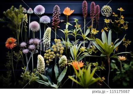 A variety of bright flowers and plants displayed on a dark background	 A variety of bright flowers and plants displayed on a dark background	 115175087