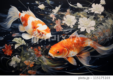 An acrylic painting featuring two fish gracefully swimming in a pond surrounded by vibrant flowers in full bloom.	 115175103
